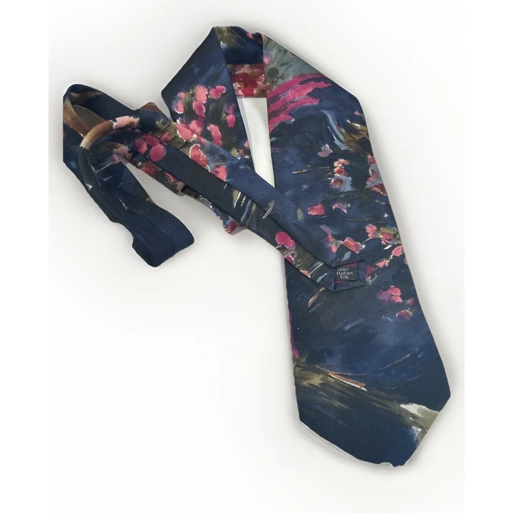 Vintage Navy Blue Italian Silk Tie L'Atelier Floral Abstract Made In USA